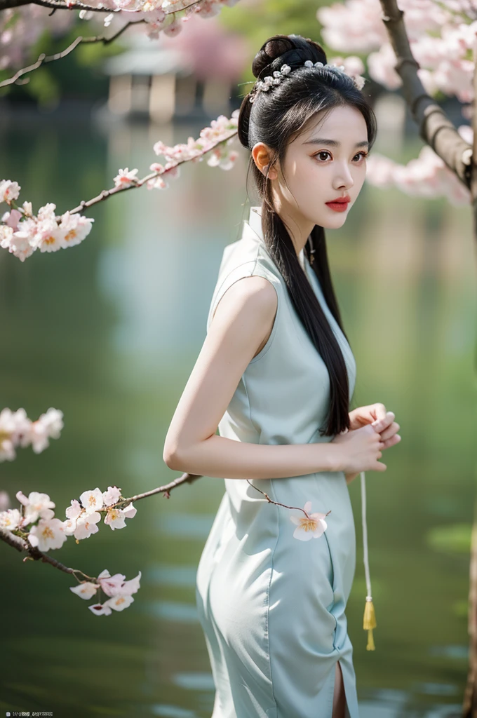 Suzhou gardens,1 sister, Clear facial features，The skin is real，Long gray hair,Solitary,Plum blossoms,black hair color,Branches,Upper part of the body,Practical,Chinese clothes,Delicate texture，complex patterns，Hair accessories,Vague background,Vague,careful,Hair Bun, photo, high resolution, 4K, 8k,