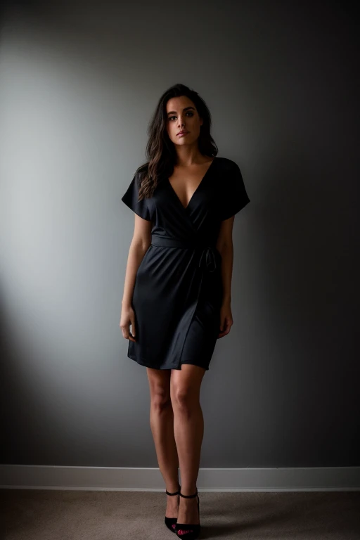 Photo brute, visage portrait photo complete une belle 26 ans.oh woman, Visage mignon, porter une robe noire, avec un talons 👠 mine debout réjouie, ombres dures, cinematic shot, Dramatic lighting