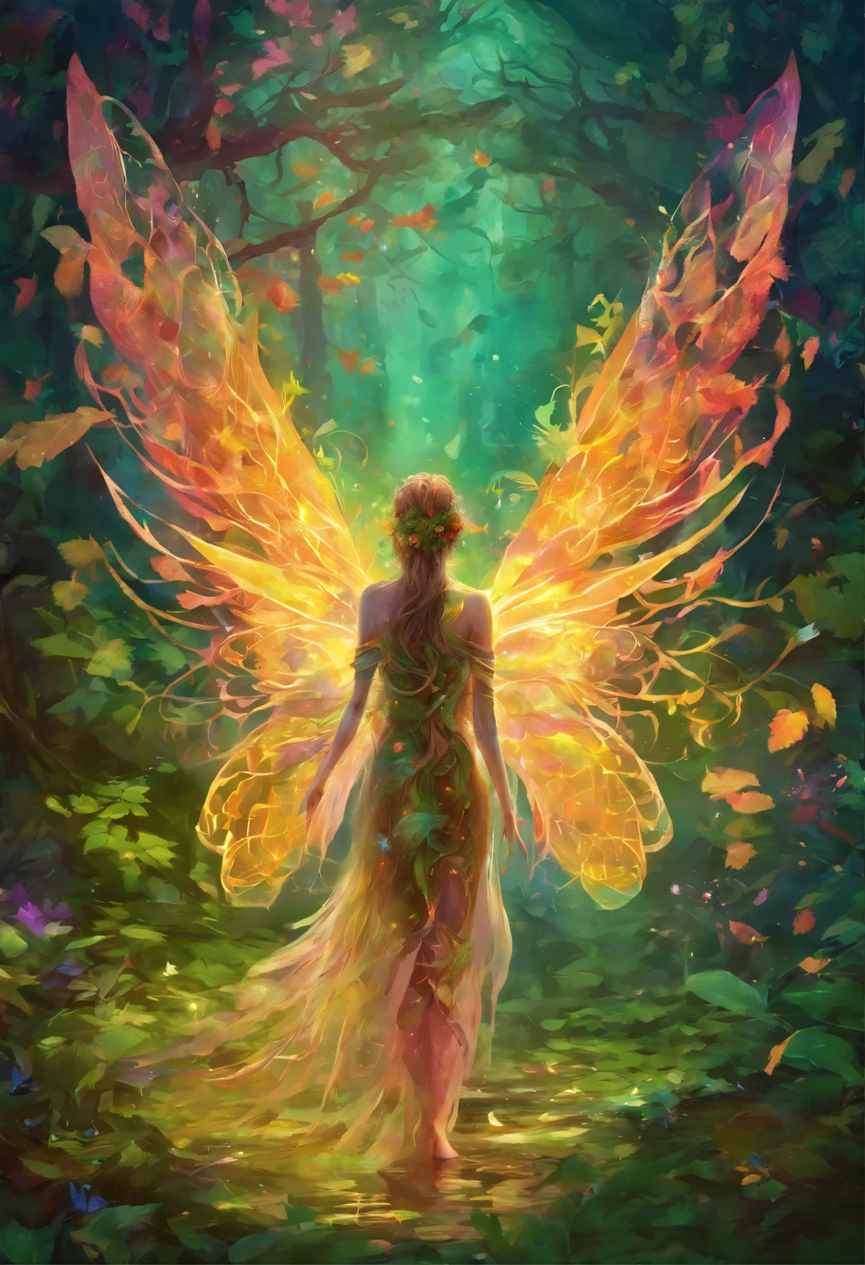(highest quality,4K,8k,High resolution,masterpiece:1.2),Very detailed,(Realistic,photoRealistic,photo-Realistic:1.37),A forest spirit with glowing wings, Made of leaves and nature,Mysterious glow,Pure,Majestic,green,Dreamy environment,Magic enchantment,delicate and intricate leaf pattern,,,Harmony with the surroundings,Sunlight reflected on the wings,Glowing in the dark,Calm and elegant posture,Evoking the forces of nature,A little dew on the wings,Soft and gentle color palette,An atmosphere of mystery and enchantment,A touch of magic in the air,The whispering wind and the rustling leaves,Connection with trees and plants,A strong connection to the forest,Full of natural energy,Pure美しさと無邪気さ,evoke a sense of wonder and awe,Graceful and smooth movements,Natural and organic aesthetic,The Beings of Heaven and Spirit,Sunlight filtering through the forest canopy,Fairy-like features,Wisdom and Ancient Aura,Charmed、Untouched Forest Kingdom,Step by Step、Every time I flap my wings, Magic is born,Delicate and ephemeral,Illuminating the darkest corners of the forest,Close bond with forest animals and creatures,peaceful and calming atmosphere,Deep harmony between nature and nymphs,Whisper the secrets of the forest,Each leaf is intricately designed、Vibrant,An overwhelming sense of calm and serenity,A lively and playful spirit.