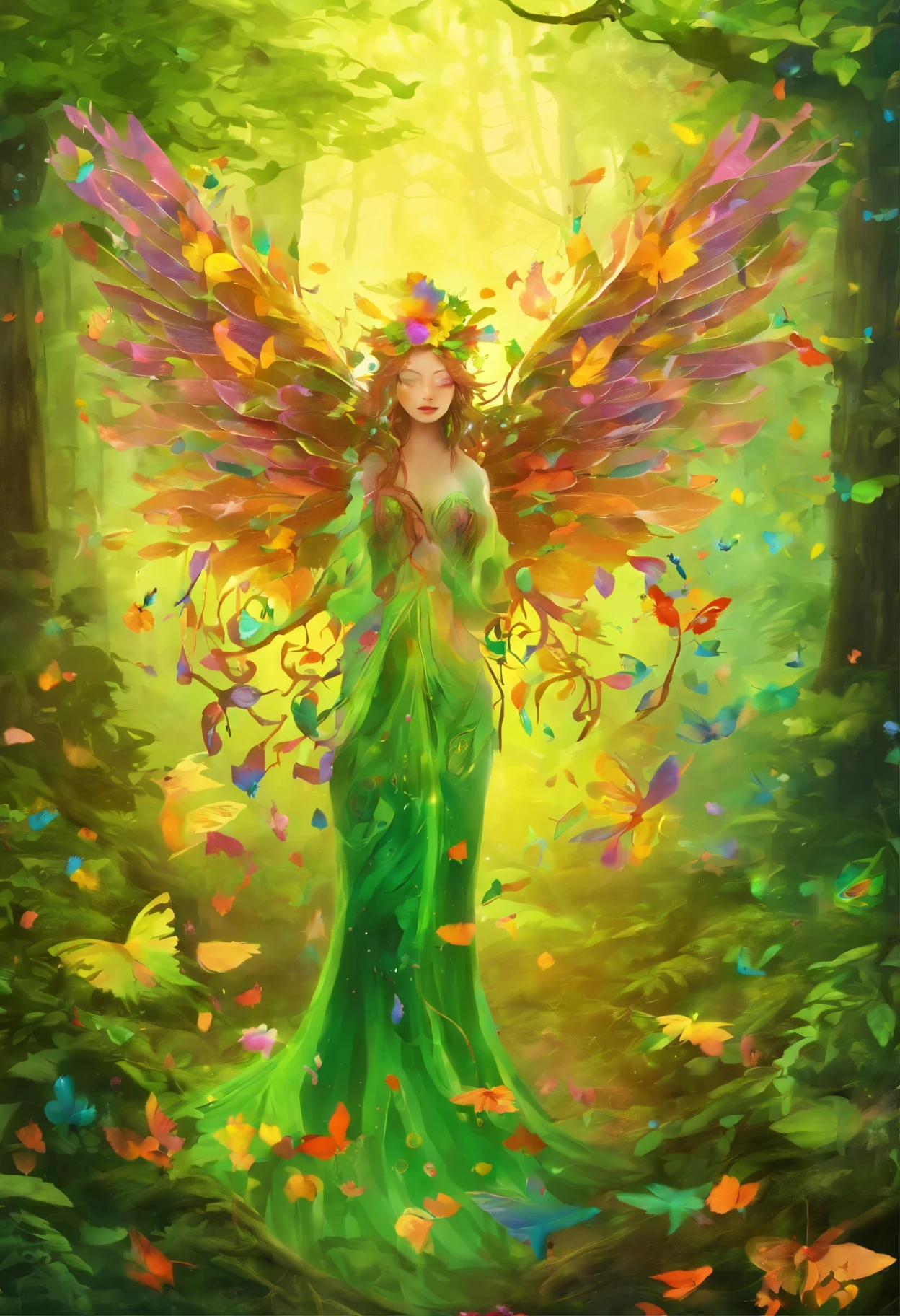 (highest quality,4K,8k,High resolution,masterpiece:1.2),Very detailed,(Realistic,photoRealistic,photo-Realistic:1.37),A forest spirit with glowing wings, Made of leaves and nature,Mysterious glow,Pure,Majestic,green,Dreamy environment,Magic enchantment,delicate and intricate leaf pattern,,,Harmony with the surroundings,Sunlight reflected on the wings,Glowing in the dark,Calm and elegant posture,Evoking the forces of nature,A little dew on the wings,Soft and gentle color palette,An atmosphere of mystery and enchantment,A touch of magic in the air,The whispering wind and the rustling leaves,Connection with trees and plants,A strong connection to the forest,Full of natural energy,Pure美しさと無邪気さ,evoke a sense of wonder and awe,Graceful and smooth movements,Natural and organic aesthetic,The Beings of Heaven and Spirit,Sunlight filtering through the forest canopy,Fairy-like features,Wisdom and Ancient Aura,Charmed、Untouched Forest Kingdom,Step by Step、Every time I flap my wings, Magic is born,Delicate and ephemeral,Illuminating the darkest corners of the forest,Close bond with forest animals and creatures,peaceful and calming atmosphere,Deep harmony between nature and nymphs,Whisper the secrets of the forest,Each leaf is intricately designed、Vibrant,An overwhelming sense of calm and serenity,A lively and playful spirit.