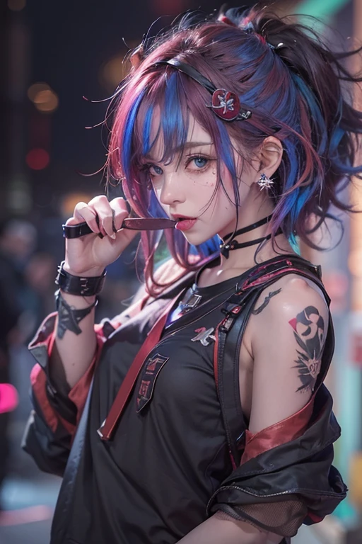 Sleeveless、The tattoo、bright red、Really red、Red、Red-haired、rot、red hairs、head phone、🎧、goth_punk, 1girl in, solo, medium shot, Walking in Harajuku, ((during night)), bokeh dof, Neon light, Iridescent eyes, starrysky, red glowing hair, Black eyebrows, Radiant hair, (iridescent red hair), 耳Nipple Ring, bangss, jewely, masks, bluntbangs, verd s eyes, Mouth mask, blurry backround, bblurry, hair adornments, Look at viewers, shorth hair, portraitures, side locks、goth、(masutepiece), (Portrait), (Aesthetic), (Beautiful), (upper blody), (High quality), (aesthetic clothings), (professional angle), (thirds rule), (Feminine), (Woman), (Female), (Beautiful),(Feminine features), (25-years old), Solo, 1 woman, (Charming punk girl), Winters, Dramatic light, ((Playing guitar)), (Standing), Edgy makeup, (Small bust), ((electric guitar)), (Front face), (Defiant expression), ((defiance)), (Leather jackets and tattoos), ((Short hair)), (dyed (E.G. and pinks) hair), (spiky hair), (Thick hair), Matte Shine Hair, (Hair bands scattered in the hair), (Green eyes), (Bold and bold look), (pale skin), (Dark clothes), (Band T-shirt), (Ripped jeans), (-), crew neckline), ((Urban alley background)), (up close shot), Beautiful hands, Two hands, normal hands, Two arms, complete hands, Beautiful body, Beautiful fingers, normal fingers, Five Fingers, Five Fingers, (Thumb index finger ring finger), Beautiful ears, normal ears, Beautiful eyes, shiny eyes, Beautiful mouth, Beautiful lips,