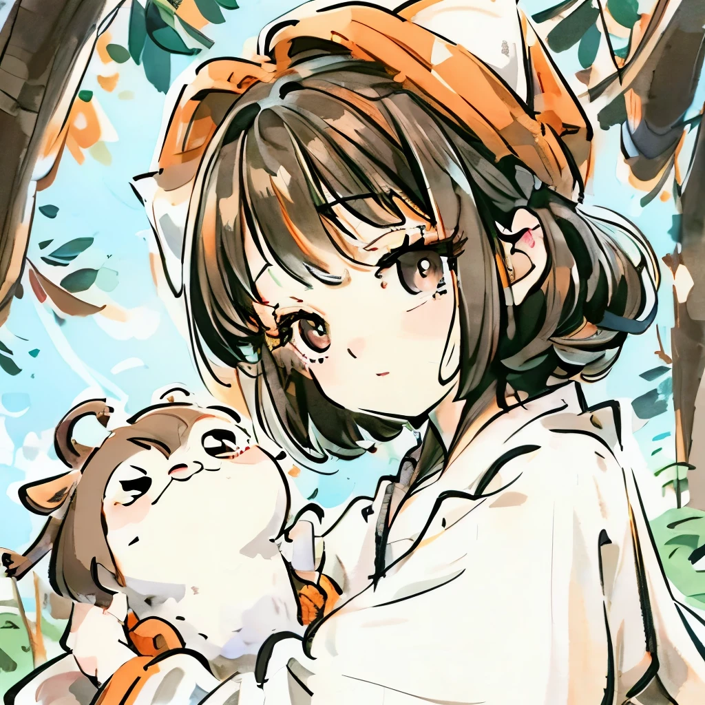 One girl、Are sleeping、Dozing off、Simple picture、Short-haired girl、Cute Characters、Holding a sloth、The background is pure white、Low Nose、The eyes are large、Small character、Orange Bandana