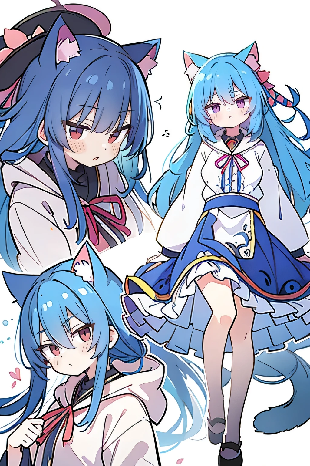 (masterpiece:1.2),Super detailed,lifelike,Expressive eyes,fair skin,perfect face shape,1 girl,
Japanese comics,Gorgeous blue hair,flowing blue hair,flowing clothes,Cat ears,Petals fall,beautiful lola,Baby Angel,
Shaking head with one hand,Cross your legs,Gentle and peaceful background,The pavilion is cool and comfortable,smile, wearing hoodie, background of tokyo,back views,snowing, winter,Looking down, disgusted expression.