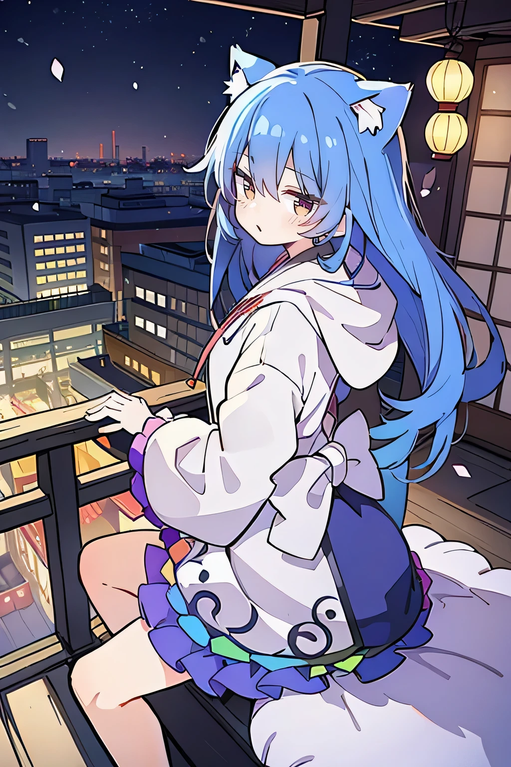 （masterpiece：1.2），Super detailed，lifelike，Expressive eyes，fair skin，perfect face shape，1 girl，
Japanese comics,Gorgeous blue hair,flowing blue hair,flowing clothes,Cat ears,Petals fall,beautiful lola,Baby Angel,
Shaking head with one hand，Cross your legs，Gentle and peaceful background，The pavilion is cool and comfortable,smile, wearing hoodie, background of tokyo,back views,snowing, winter,Looking down, disgusted expression.