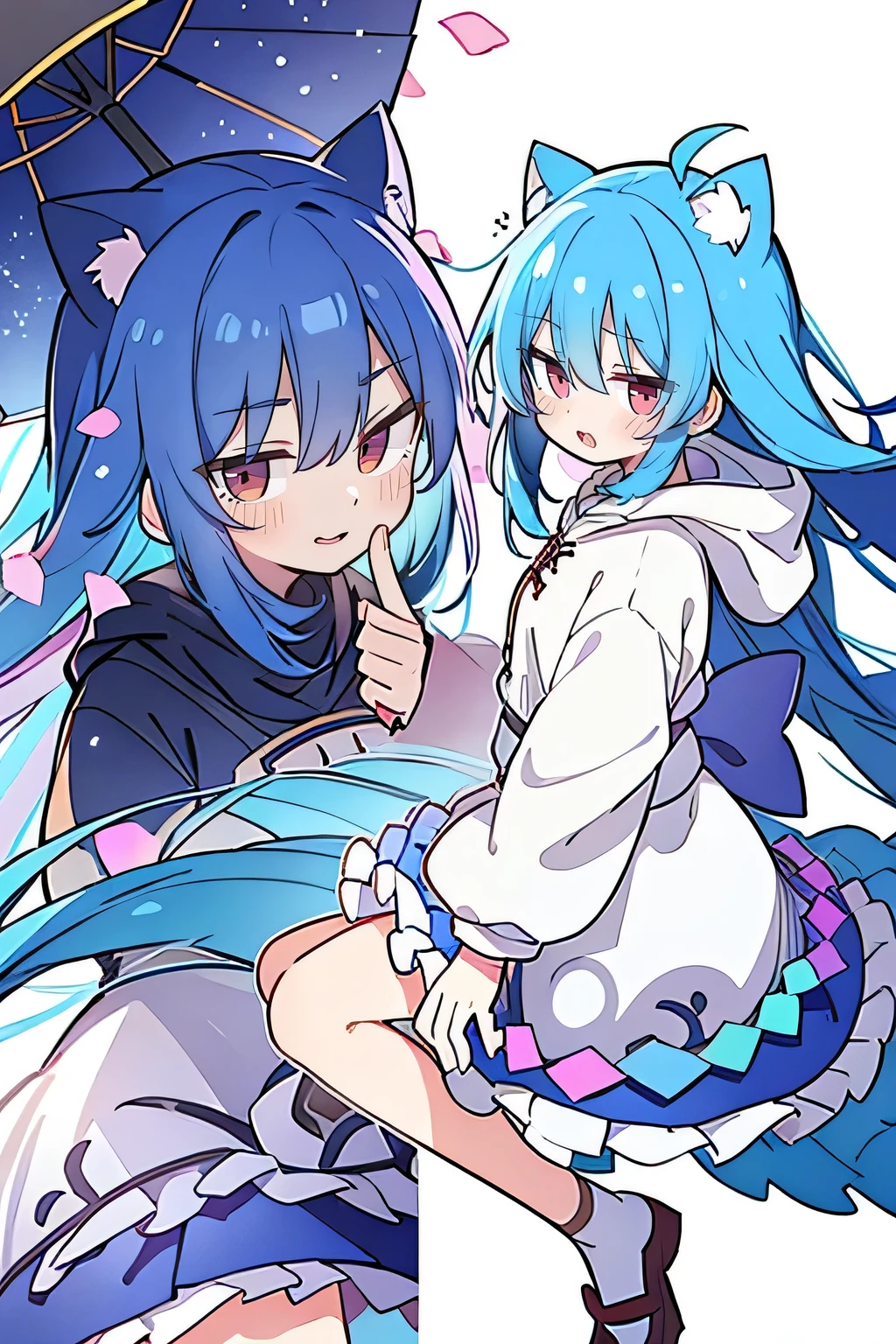 （masterpiece：1.2），Super detailed，lifelike，Expressive eyes，fair skin，perfect face shape，1 girl，
Japanese comics,Gorgeous blue hair,flowing blue hair,flowing clothes,Cat ears,Petals fall,beautiful lola,Baby Angel,
Shaking head with one hand，Cross your legs，Gentle and peaceful background，The pavilion is cool and comfortable,smile, wearing hoodie, background of tokyo,back views,snowing, winter,Looking down, disgusted expression.