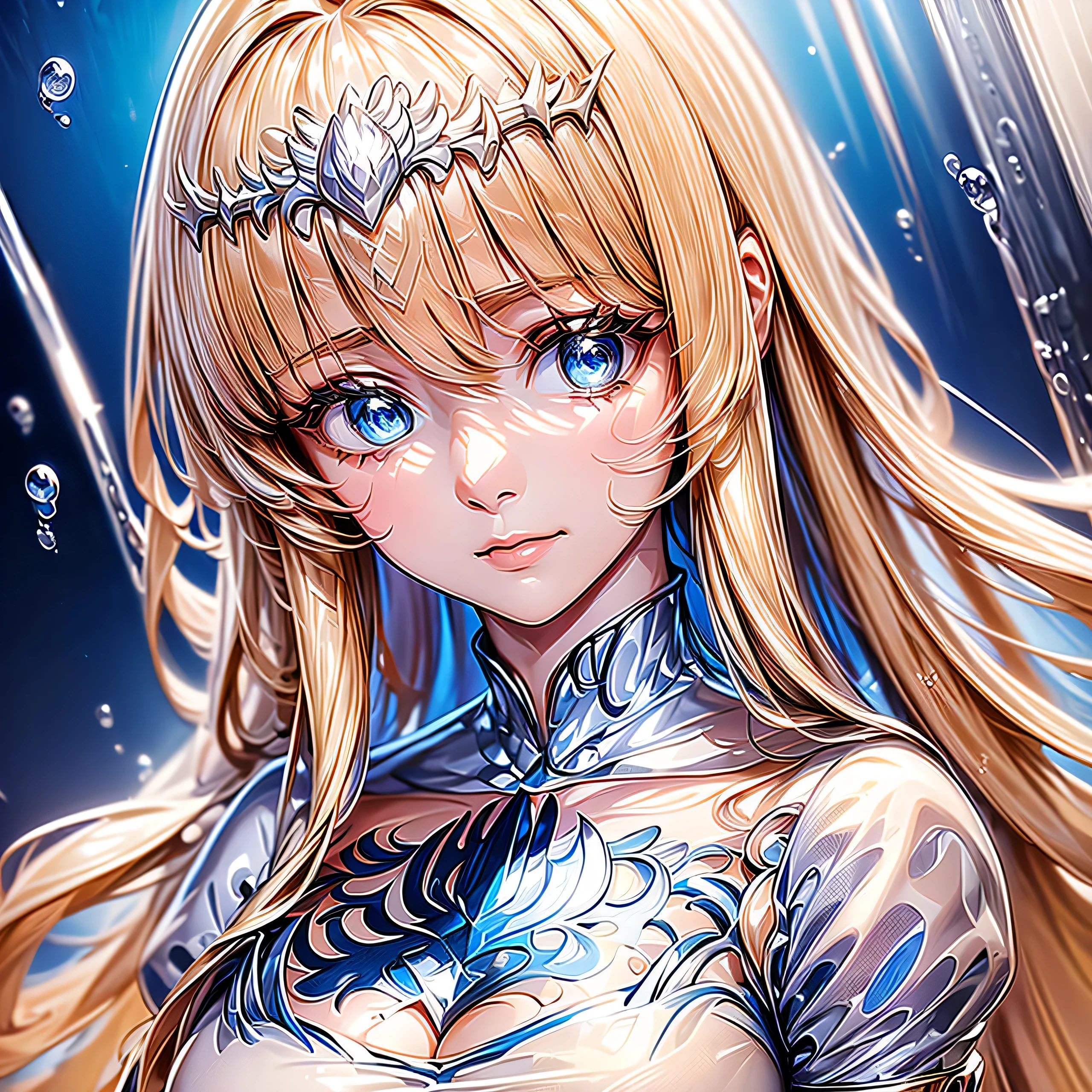 (masterpiece), (best quality), (Super detailed),(disheveled hair),(illustration),, permanent, fashion model, looking at the audience, (interview), (Simple background),Beautiful and delicate eyes, Exquisite and beautiful face, ,(high saturation),(colorful splash),Colorful bubbles,(shining), focus on face,, (shining), best lighting, best shadow,1girl, solo, Calca, Calca Bessarez, blonde hair, extremely long hair, very long hair, white tiara, silver tiara, white dress, blue eyes, medium chest