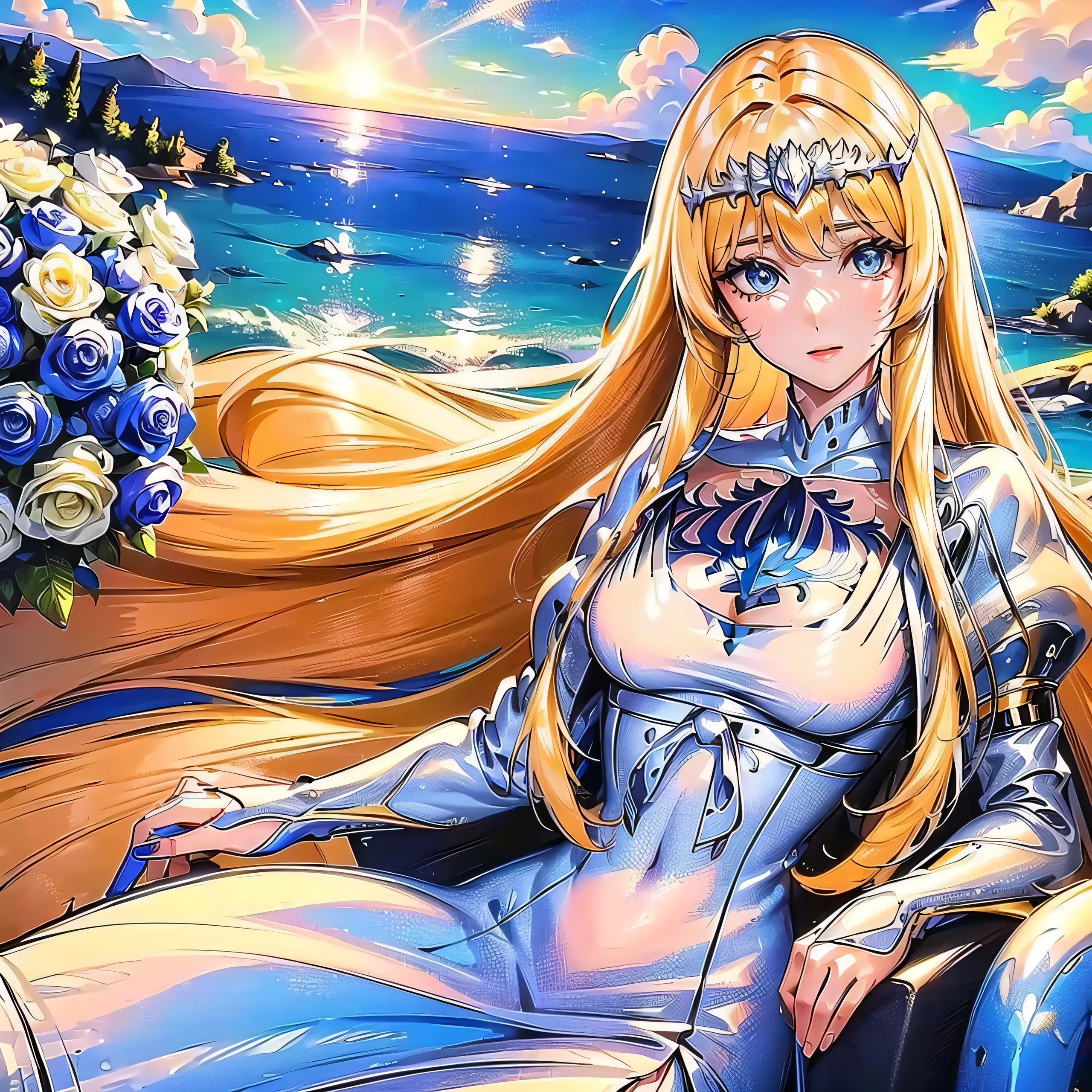 Official fine art，tmasterpiece，Sharp focus，（Beautiful gorgeous lovely wome, Delicate and beautiful hair and eyes and face，realisticlying，ultra - detailed，blue-sky，Glowing white particles,(sidelighting:1.2),rays of sunshine,,Detailed clouds,,, ,scenecy,, buliding,, ,  glow blue eyes, , paleskin,, epic castle landscapes,1girl,solo, Calca, Calca Bessarez, blonde hair, extremely long hair, very long hair, white tiara, silver tiara, white dress, blue eyes, medium chest