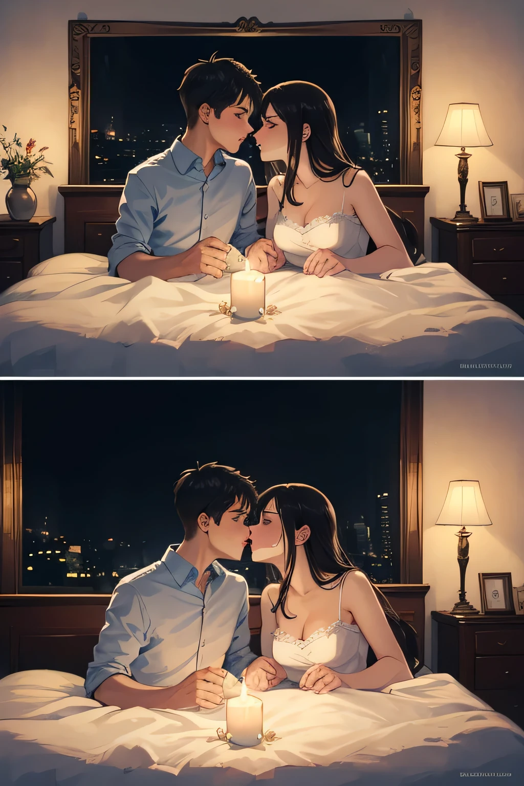 Amazing portrait of a boy and a woman who is a beautiful woman kissing each other with passion in a bedroom which is a bright room with candles lit during night time,