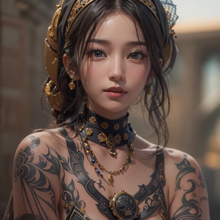 Hide in the desert、Hair flows、 ((highest quality、masterpiece、8k、best image quality、ultra high resolution、Award-winning work)、(accurate ???????:1.1)、(look at me and smile:1.1)、Shining fair skin with ultra high resolution、most detailed face、ultra high resolution detailed face、ultra high resolutionの髪の毛、(ultra high resolutionの煌めく瞳:1.1)、Beautiful face drawn in every detail、(blurred background:1.1)、ancient Islamic clothes, chest together, tattoo, Old ruins in the background、black leopard 
