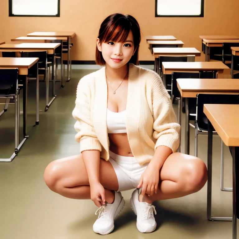 Masterpiece, highest quality:1.2), (high resolution,Fine details),(All the whole body is visible),(Shooting from the front),One girl, one person,Beautiful student,Student Model,The whole body is slender,White and translucent skin,Breast augmentation,,High school classroom in midsummer,A large crowd surrounds the subject,Her posture is squatting,Her outfit is a white cotton cardigan, a white shirt, and transparent shorts.,The white cardigan and white shirt are worn carelessly because of the heat.,The socks are long white leg warmers that reach from the thighs to the soles of the feet.,He is wearing high-cut white basketball shoes.