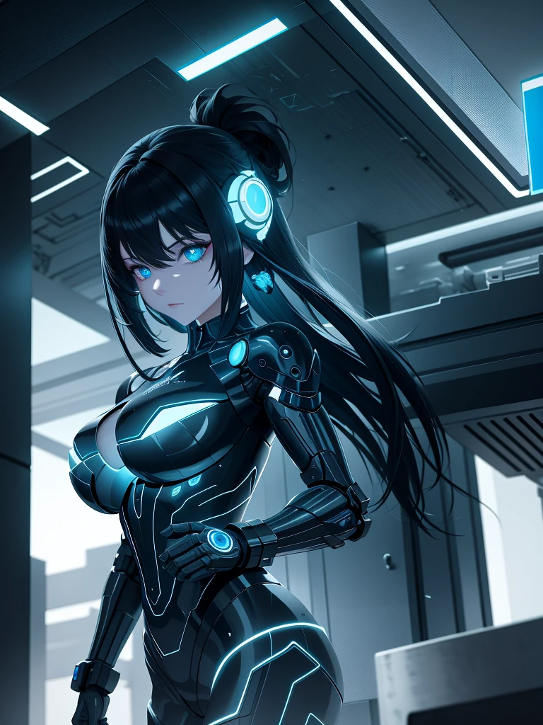 "Robot girl with metal features, glowing blue eyes, And futuristic clothing, Dystopian cityscape at night. Use a dark color palette to add mystery and intrigue, Neon, And cyberpunk elements. Emphasize the contrast between technology and humanity, Seamless fusion of organic and mechanical elements. Capturing the essence of the cybernetic world through meticulous textures, complex circuit, and reflections from metal surfaces. Designed to produce high quality、Visually engaging illustrations,Showing futuristic concepts."