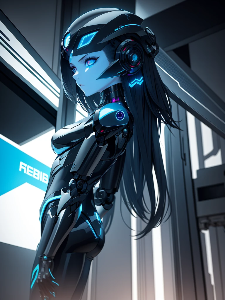 "Robot girl with metal features, glowing blue eyes, And futuristic clothing, Dystopian cityscape at night. Use a dark color palette to add mystery and intrigue, Neon, And cyberpunk elements. Emphasize the contrast between technology and humanity, Seamless fusion of organic and mechanical elements. Capturing the essence of the cybernetic world through meticulous textures, complex circuit, and reflections from metal surfaces. Designed to produce high quality、Visually engaging illustrations，Showing futuristic concepts."