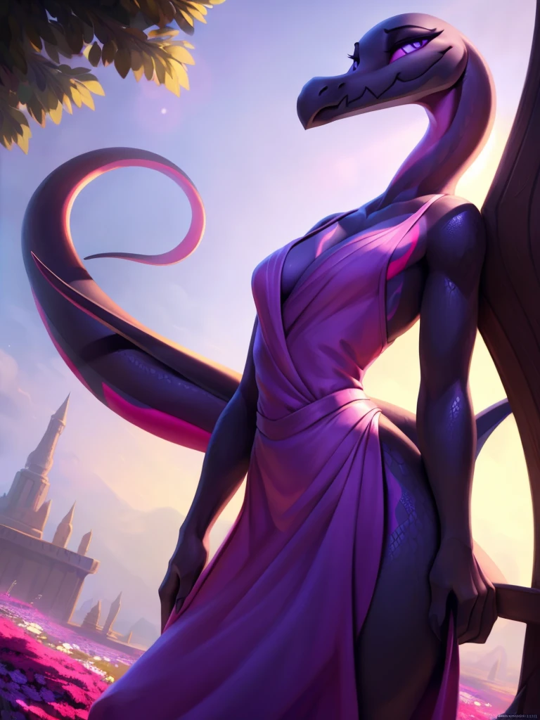 uploaded on e621, ((Salazzle)) by Pixelsketcher, by Bayard Wu, by Thomas Benjamin Kennington , by Einshelm, solo anthro, (( portrait)), BREAK, ((sundress:1.2)), , ((wearing long flowing sundress, purple sundress, sundress with flower pattern, fully clothed)), (detailed Bonifasko lighting), (detailed scales), (detailed skin), (female Salazzle), BREAK, ((long flowing tail)), ((facing viewer)), (cinematic lighting), ((detailed background)), ((full body portrait view)), (((full body view))), (half body shadow), [backlighting], [crepuscular ray], [detailed ambient light], [gray natural lighting], [ambient light on the belly], (higher wildlife feral detail), [explict content], [sharp focus], (questionable content), (shaded), ((masterpiece)), furry Salazzle, reptilian face, furry Fantasy Art, furry Art, Commission for High Res, anthro Art, POV furry Art,Sakimichan beautiful, masterpiece, natural breasts, medium breasts, best quality, detailed image, bright colors, detailed face, perfect lighting, perfect shadows, perfect eyes, girl focus, purple eyes, flawless face, face focus, reptilian girl, scales, scales woman, dragon nose, large long muzzle, colorful scales, gaze at the viewer, half-closed eyes, 1girl, solo, full body, (masterpiece:1.21), (best quality:1.2), (illustration:1.2), (cinematic lighting:1.3), detailed scales, balanced coloring, global illumination, ray tracing, good lighting, scales, anthro, smiling, standing, cleavage,