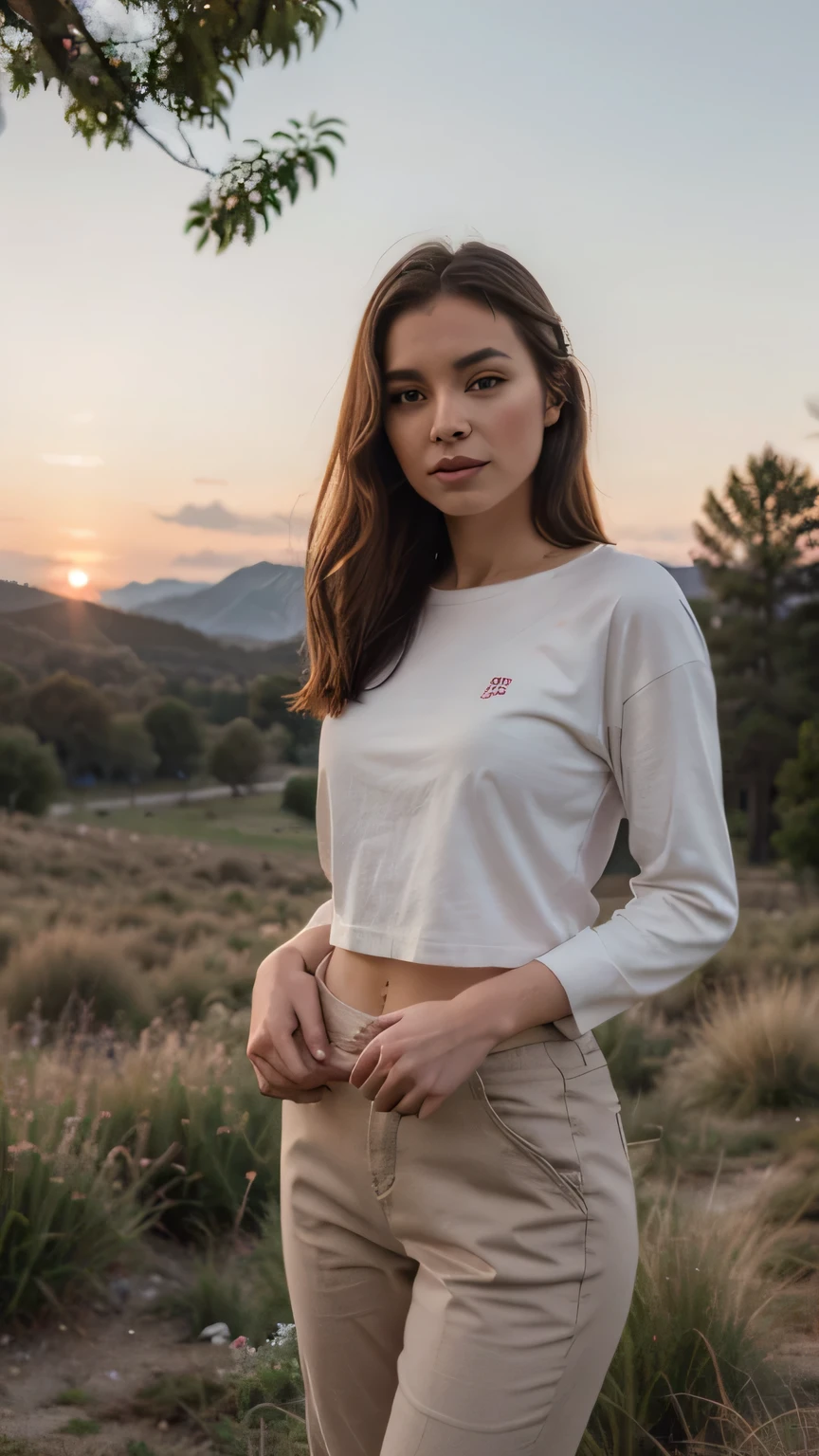 Sunset, grass, pink tree, scenery, mountains, 4k quality, high details, girl standing in pant shirt, masterpiece