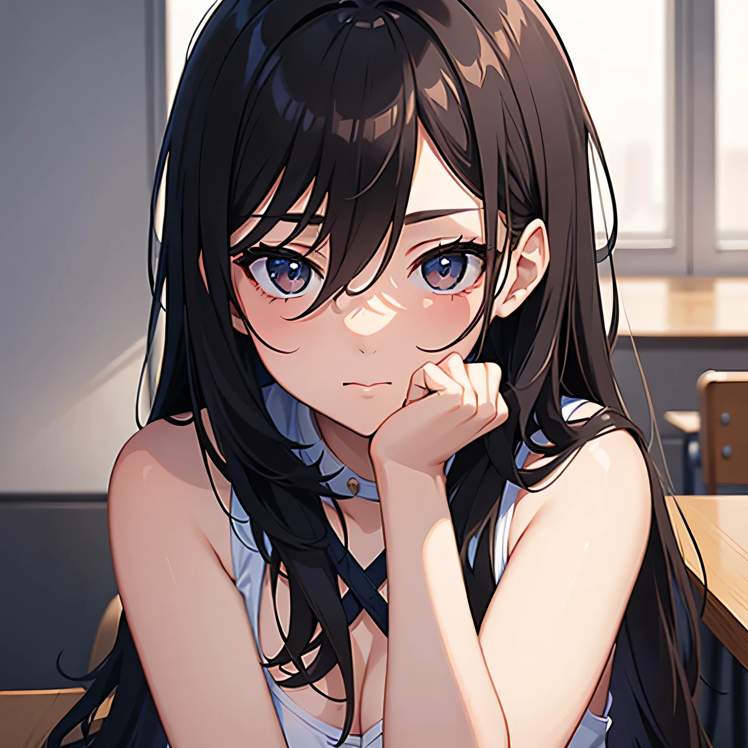 Amazing portrait of a sexy classmate who is emo and unruly and not paying attention to class and is playfully staring at viewer with a seductive look