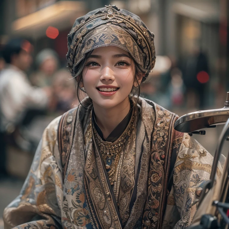 Ride an antique bicycle in baker street 、Hair flows、 ((highest quality、masterpiece、8k、best image quality、ultra high resolution、Award-winning work)、(accurate ???????:1.1)、(look at me and smile:1.1)、Shining fair skin with ultra high resolution、most detailed face、ultra high resolution detailed face、ultra high resolutionの髪の毛、(ultra high resolutionの煌めく瞳:1.1)、Beautiful face drawn in every detail、(blurred background:1.1)、ancient Islamic clothes, chest together, tattoo,