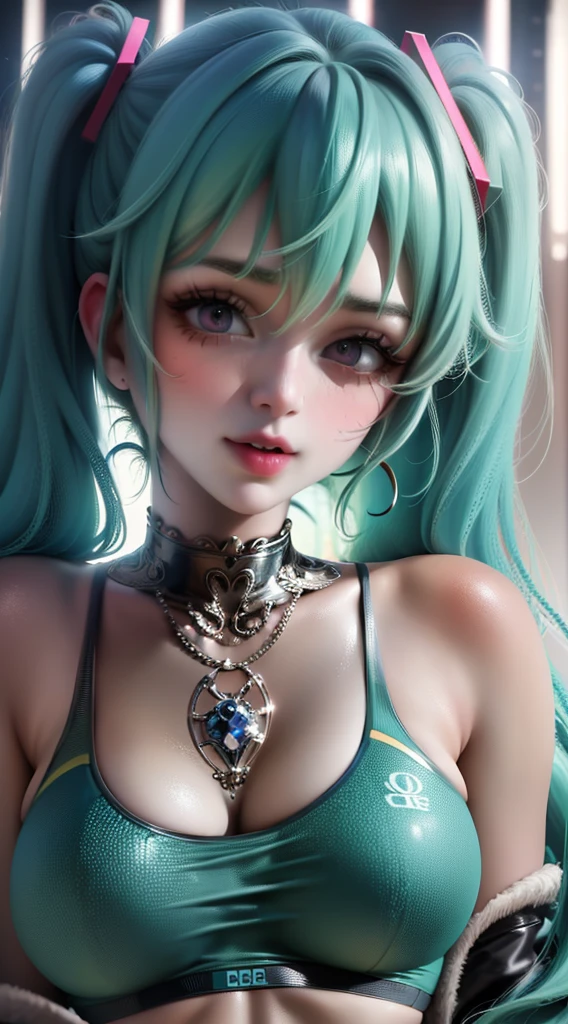 (masterpiece), (best quality), Very detailed, HDR, 1 Girl, Focus only, Dentate skin,Sports Bra，shorts，Romper， Perfect face, Facial swelling, Pretty Face, big eyes, Puffy eyes, Perfect eyes, eyelash，Hatsune Miku，Very detailed face，