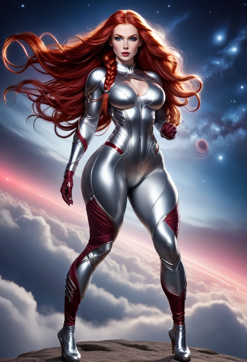 Bombshell redhead valkyrie, Pale skin, Light grey eyes, High bone, Red face, Mental foramen, huge long hair, Double braid, Silver thong bodysuit armor, Long sleeve, Bordeaux tights, Neck jumpsuit, Long silver gloves, Sports curvy figure, Quadriceps muscle details, muscle, Body side view, Full body view, Fairy Lighting, Night Sky, accurate image, masterpiece.