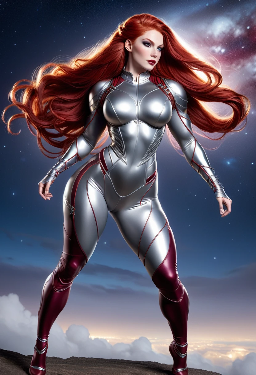 Bombshell redhead valkyrie, Pale skin, Light grey eyes, High bone, Red face, Mental foramen, huge long hair, Double braid, Silver thong bodysuit armor, Long sleeve, Bordeaux tights, Neck jumpsuit, Long silver gloves, Sports curvy figure, Quadriceps muscle details, muscle, Body side view, Full body view, Fairy Lighting, Night Sky, accurate image, masterpiece.