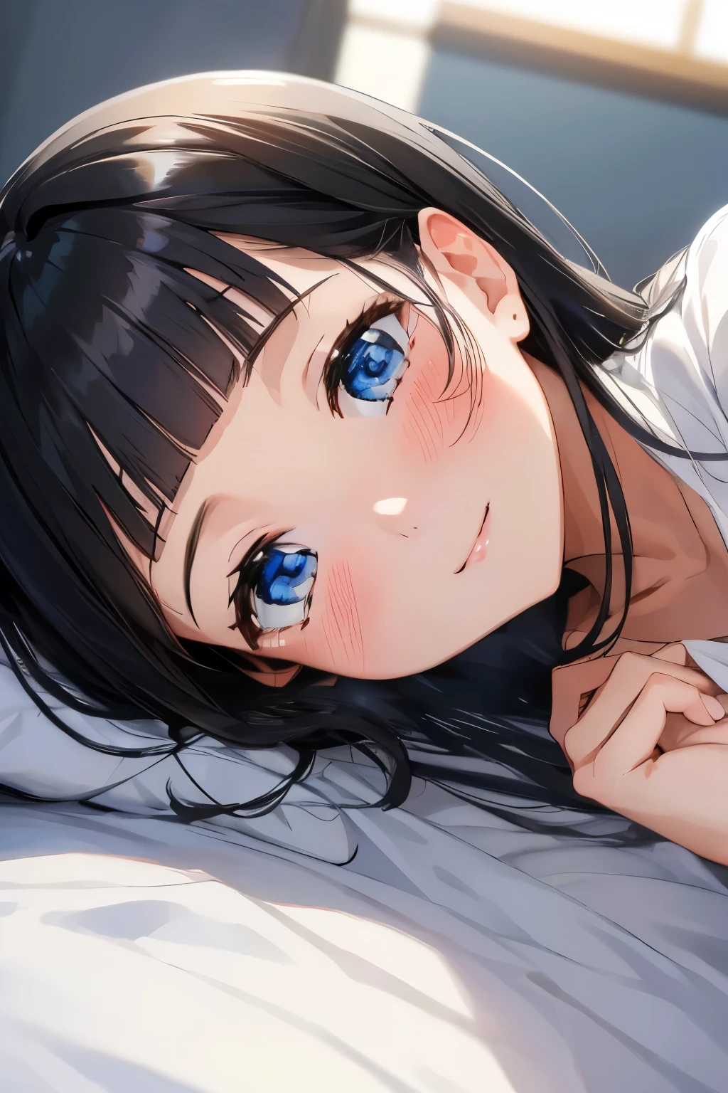 Masterpiece、highest quality、Woman 1、Super detailed　Black Hair、Blunt Bangs　Blue Eyes、Beautiful eyes　T-Shirts　Smiling、blush　Face is close、Facial Close-up、Bring your head closer　Sheetsに寝転がる、Lying on your side、Bed In　Sheets