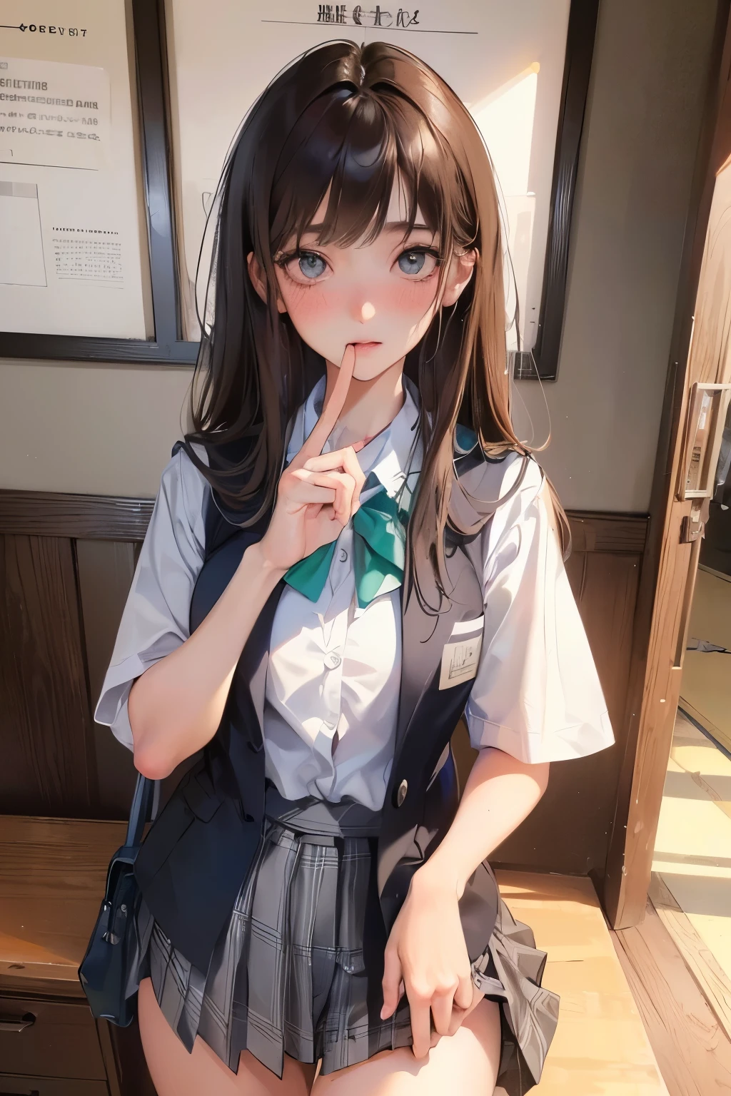 (masterpiece:1.3, highest quality), Ultra-high resolution, Super detailed, (Realistic, photoRealistic:1.4), Beautiful illustrations, Perfect lighting, colorful, Depth of written boundary,
View your viewers, (Face Focus, Upper Body), 1 girl, alone, High female high school student, Sculpture model, (Large Breasts:0.8, Big Ass, Captivating thighs, Skin dents),
(long hair:1.2, straight hair:1.2, (saddle-Brown colored) hair), Asymmetrical front hair, (Brown) eye, drooping eye, big eye, Shiny skin,
beautiful hair, Beautiful Face, Highly detailed face, beautiful detailed eye, Beautiful clavicle, Beautiful body, Beautiful breasts, Beautiful thighs, Beautiful feet, Beautiful fingers,
(Detailed cloth texture, Navy knit vest, Short sleeved white shirt with collar, Grey plaid pleated skirt, Grey checked tie), Black socks, White panties, Black School Bag,
(Beautiful views), evening, (Downtown, stage), walking, (Cute smile), (absurdres:1.3),8K,(detailed photograph:1.5),(detailed face and skin:1.3),(ultra high res:1.5),(photorealistic:1.5),symmetric clear eyes,well-groomed face,(ray tracing:1.3) ,1girl, Japanese,high school girl,(wearing Japanese high school uniform:1.3),(navy high school uniform:1.3), BREAK (presenting panties),(detailed light Green silk panties:1.1),masterpiece, best quality, highly detailed,classroom,Black mideum straight hair,focus panty,cinematic lighting,(blushing:1.3),(Stain on panties:1.4),