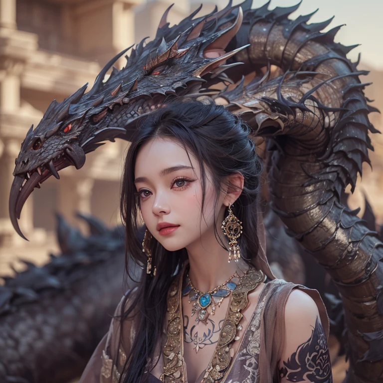 Hide in the desert、Hair flows、 ((highest quality、masterpiece、8k、best image quality、ultra high resolution、Award-winning work)、(accurate anatomy:1.1)、(look at me and smile:1.1)、Shining fair skin with ultra high resolution、most detailed face、ultra high resolution detailed face、ultra high resolutionの髪の毛、(ultra high resolutionの煌めく瞳:1.1)、Beautiful face drawn in every detail、(blurred background:1.1)、ancient Islamic clothes, chest together, tattoo, Old ruins in the background、black real dragon aside