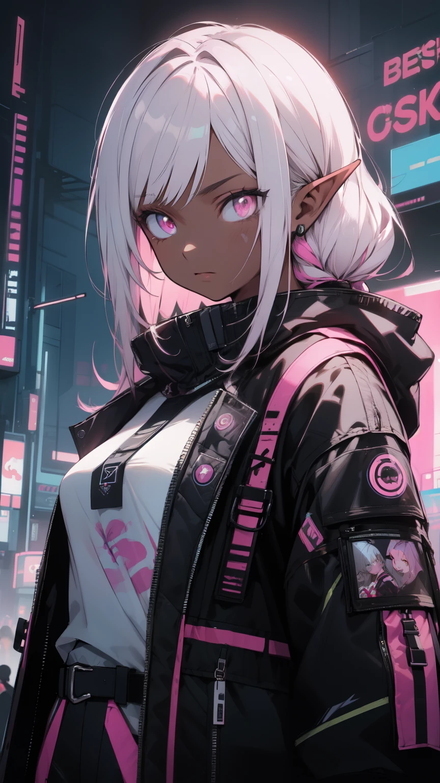 ((masterpiece )), (highest quality), (highest quality), ((Very detailed, 8K quality)), aesthetics, Cinema Lighting, (Detailed line drawing), Beautiful digital art, Exquisite digital illustrations, Absurd, (Best Composition), (High resolution),
Little dark elf girl, Sunburned skin, Black and white white hair, and pink eyes, (black harajuku fashion, In cyberpunk, Cyberpunk Streetwear, wearing Cyberpunk Streetwear, Techwear, cyberpunk Techwear, Techwear fashion),
((Perfect Anatomy)), Nice body, Mid-chest, (Very detailed指), The best move, Perfect Face, Beautiful Face, Beautiful Eyes, Perfect Eyes, (Perfect Fingers), Correct Anatomy, ((Dark Skin)),