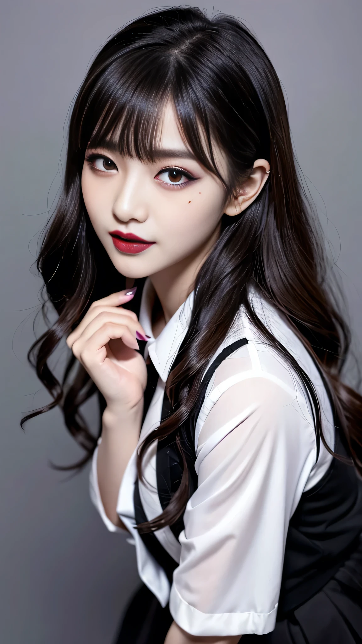 best quality、ultra-detailed、4k、Japanese、Seductive beauty、seductive adult woman、Pretty Woman、cool girl、Villainess、Brainwashed、brainwash、Fallen into evil、smirk、Evil look、Wicked Smile、evil、Brown hair、wavy hair、swept bangs、dark makeup、dark makeup、piercing eyes、hollow eyes,half-closed eyes、Hollow Eyes、purple Eyeshadow、black lipstick、black lipglos、student、blazer、White Shirt、Black Ribbon、flare skirt、Beautiful feet、night、inside school、Have lipstick、Emblem of Evil、Crest of Darkness、Swear allegiance、I have pledged my allegiance、Dye black、Blackening、Stained with evil、Dyed in darkness、Seduce