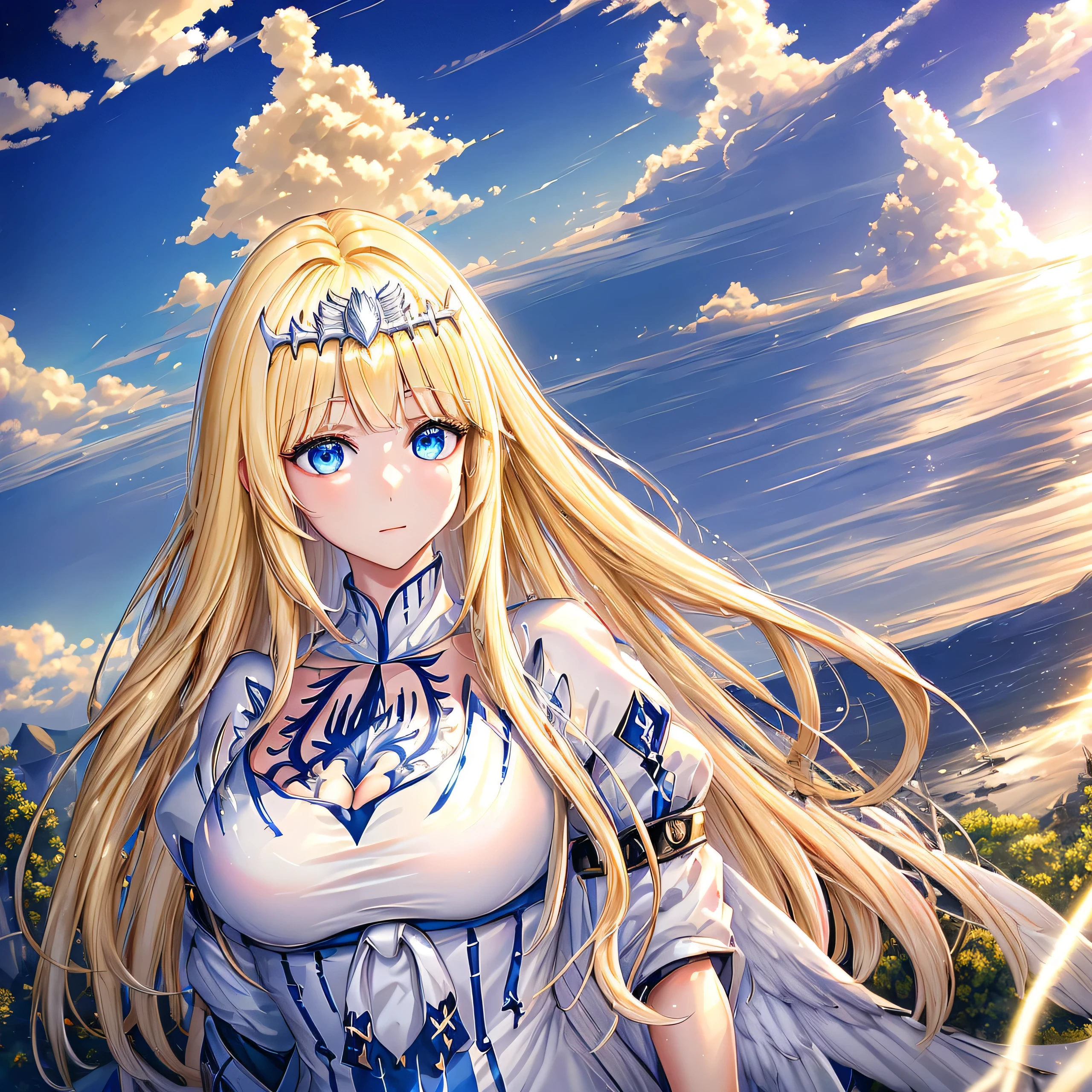 super fine illustration, an extremely cute and beautiful girl, highly detailed beautiful face and eyes, look at viewer, cowboy shot, beautiful long hair, solo, dynamic angle, beautiful detailed dress , heaven castle in background, full of clouds, holy light, blue tone,  1angel,solo, Calca, Calca Bessarez, blonde hair, extremely long hair, very long hair, white tiara, silver tiara, white dress, blue eyes, medium chest, wing wings, feature wings, very big wings, extra large wings, two wing behind her shoulder 