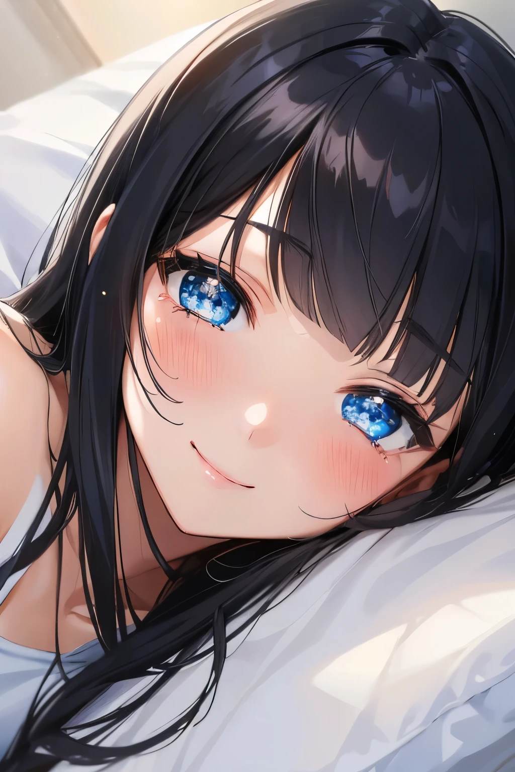 Masterpiece、highest quality、Woman 1、Super detailed　Black Hair、Blunt Bangs　Blue Eyes、Beautiful eyes、Sparkling Eyes　T-Shirts　Smiling、blush　Face is close、Facial Close-up、Bring your head closer　Sheetsに寝転がる、Lying on your side、Bed In　Sheets