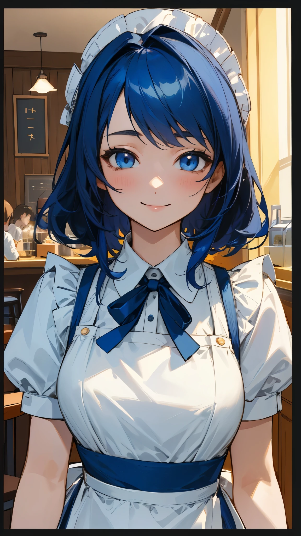 masterpiece、highest quality、High resolution、Very detailed、Detailed Background、1 girl、White blouse、Blue lender body、Upper body close-up、Dark blue hair、blue eyes、smile、Apron appearance、((indoor、morning、Cafe))、Sharp contours、Background Blur、Depth of the drawn border