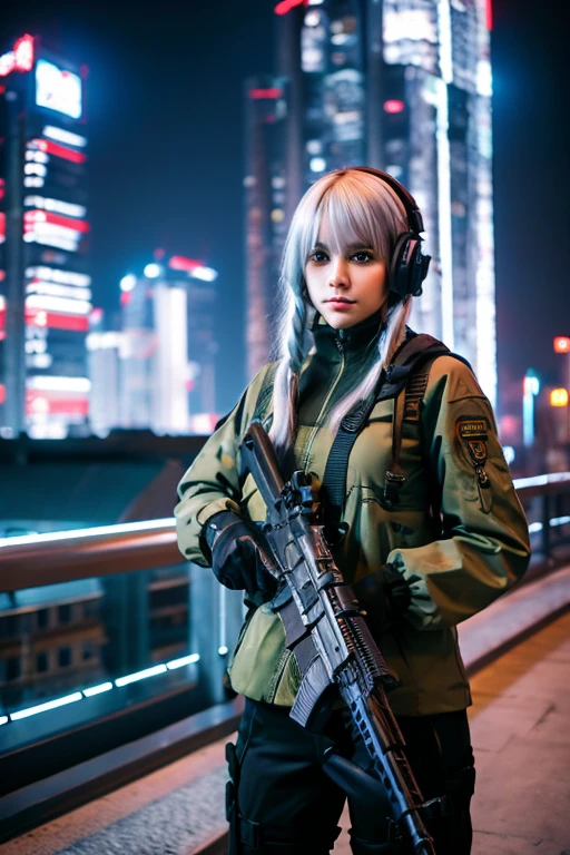 A Russian girl in her early 20s with ash gray hair, dressed in cyberpunk attire, holding a state-of-the-art rifle with a scope, in the background, on the roof of a building in a futuristic city.