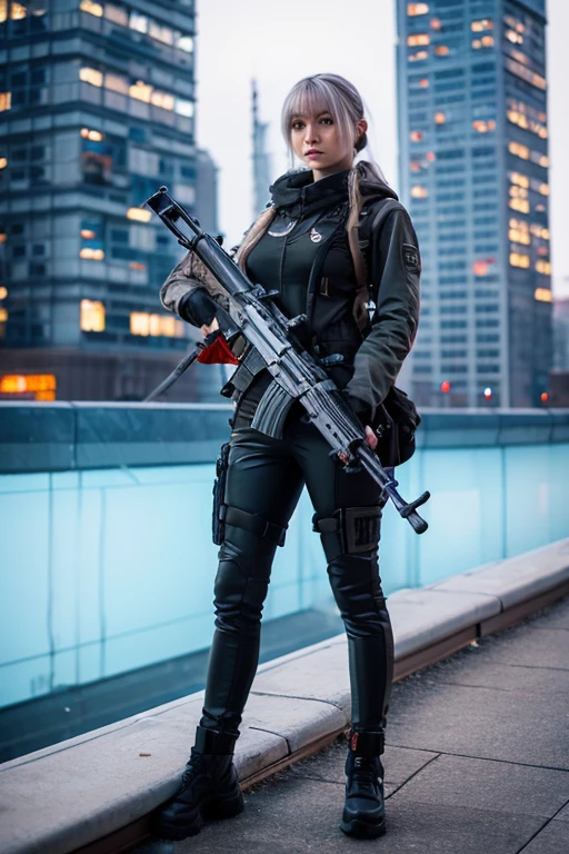 A Russian girl in her early 20s with ash gray hair, dressed in cyberpunk attire, holding a state-of-the-art rifle with a scope, in the background, on the roof of a building in a futuristic city.