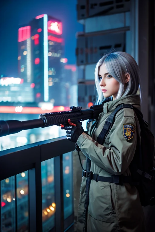 A Russian girl in her early 20s with ash gray hair, dressed in cyberpunk attire, holding a state-of-the-art rifle with a scope, in the background, on the roof of a building in a futuristic city.