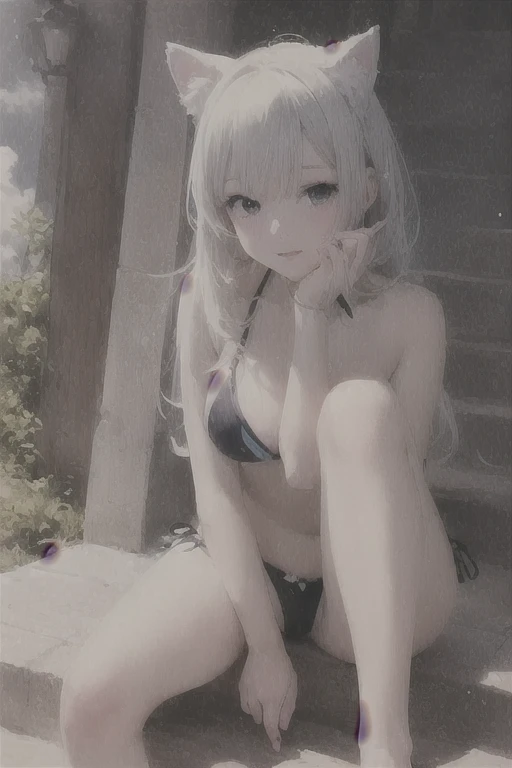 Anime girl in bikini with cat ears sitting on stairs, Gweitz, perfect Gray-haired girl, Gweitz masterpiece, Gray-haired, Enchanting anime girl, artwork in the style of Gweitz, Beautiful and attractive anime teen, Beautiful Anime girl, Beautiful Anime, Gweitz on pixiv artstation