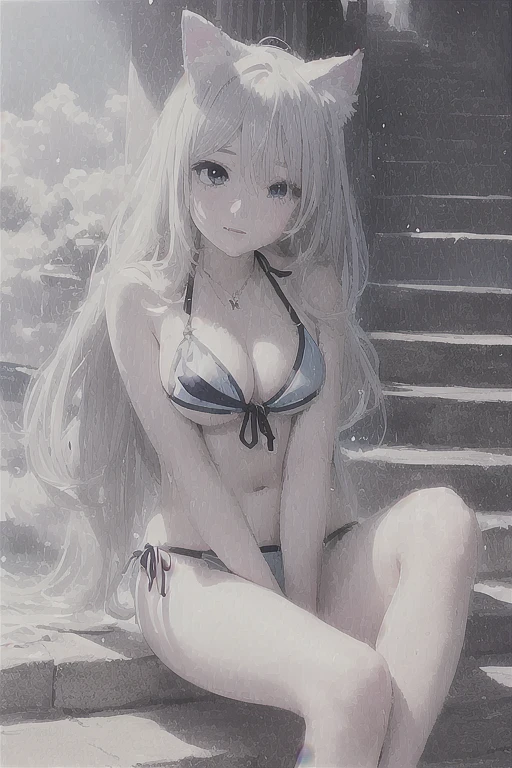 Anime girl in bikini with cat ears sitting on stairs, Gweitz, perfect Gray-haired girl, Gweitz masterpiece, Gray-haired, Enchanting anime girl, artwork in the style of Gweitz, Beautiful and attractive anime , Beautiful Anime girl, Beautiful Anime, Gweitz on pixiv artstation