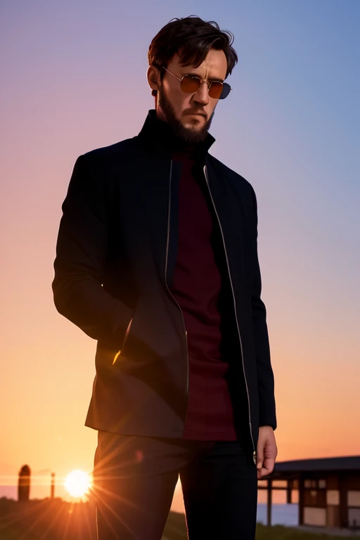 One boy, solo, Gendo Ikari, Black-haired, beard, Facial hair, Black jacket, Red turtleneck, Yellow sunglasses, standing, garden, The Sunset Sun, wood, lake、Upper body、expansion