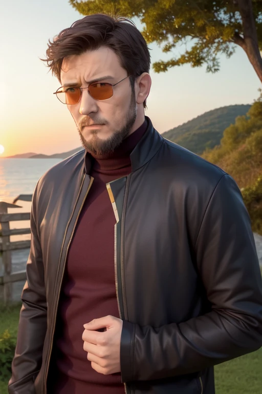 One boy, solo, Gendo Ikari, Black-haired, beard, Facial hair, Black jacket, Red turtleneck, Yellow sunglasses, standing, garden, The Sunset Sun, wood, lake、Upper body、expansion