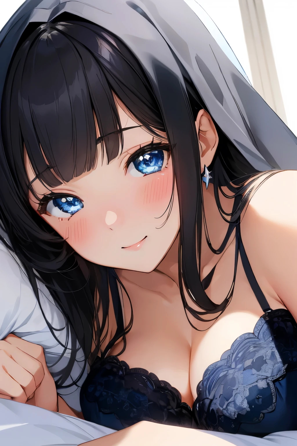 Masterpiece、highest quality、Woman 1、Super detailed　Black Hair、Blunt Bangs　Blue Eyes、Beautiful eyes、Sparkling Eyes　Cleavage　Smiling、blush　Face is close、Facial Close-up、Bring your head closer　Sheetsに寝転がる、Lying on your side　Sheets