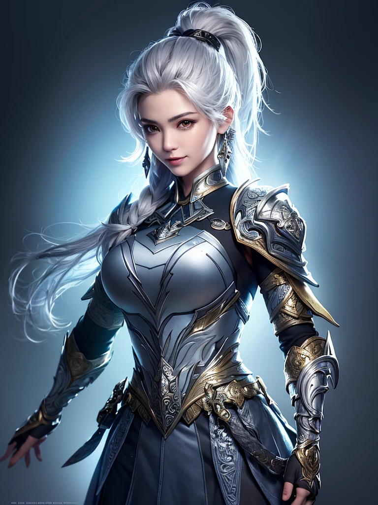(best quality, masterpiece: 1.2), Ultra-high resolution, Practical, forward lighting, Intricate details, Exquisite details and textures, 1 Girl, Solitary, (young), Facial highlights, Upper Body, Delicate face, Tear Point, White skin, Silver Hair , Ponytail, braid, Viewer, big eyes, Large and unique earrings, Normal breast, slim, Luxury rooms, Professional lighting, Photon Mapping, Radiosity, Physically Based Rendering, Paladin Armor, Shoulder and chest armor worn on waist and arms, The armor is engraved with an eagle pattern, The armor is designed with detailed patterns, Armor is a style that shows femininity&#39;Body, Short skirt, mini skirt, 铠甲里面穿着一件紧贴Body的衣服 ,There is a very luxurious cloak, The pattern is engraved on the shape of the cape, Wearing a Denis kilt, Knight of Holy Justice, Large oversized hammer weapon, Natural five fingers, Armor pattern with eagle wings,