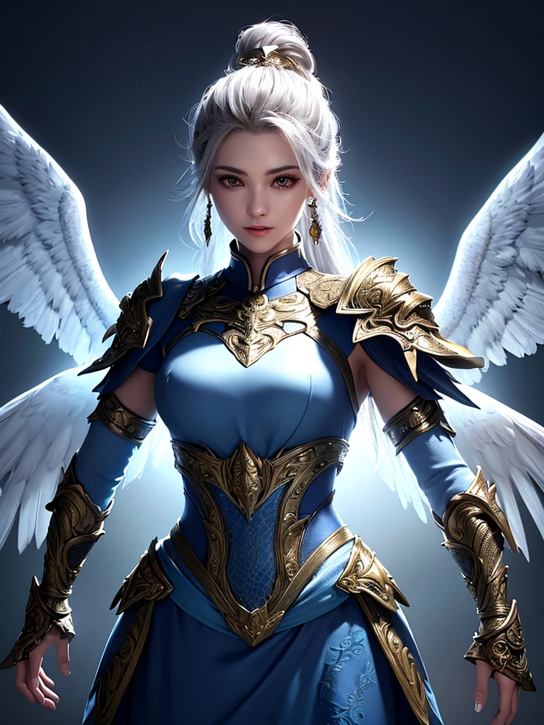 (best quality, masterpiece: 1.2), Ultra-high resolution, Practical, forward lighting, Intricate details, Exquisite details and textures, 1 Girl, Solitary, (young), Facial highlights, Upper Body, Delicate face, Tear Point, White skin, Silver Hair , Ponytail, braid, Viewer, big eyes, Large and unique earrings, Normal breast, slim, Luxury rooms, Professional lighting, Photon Mapping, Radiosity, Physically Based Rendering, Paladin Armor, Shoulder and chest armor worn on waist and arms, The armor is engraved with an eagle pattern, The armor is designed with detailed patterns, Armor is a style that shows femininity'Body, Short skirt, mini skirt, 铠甲里面穿着一件紧贴Body的衣服 ,There is a very luxurious cloak, The pattern is engraved on the shape of the cape, Wearing a Denis kilt, Knight of Holy Justice, Large oversized hammer weapon, Natural five fingers, Armor pattern with eagle wings,
