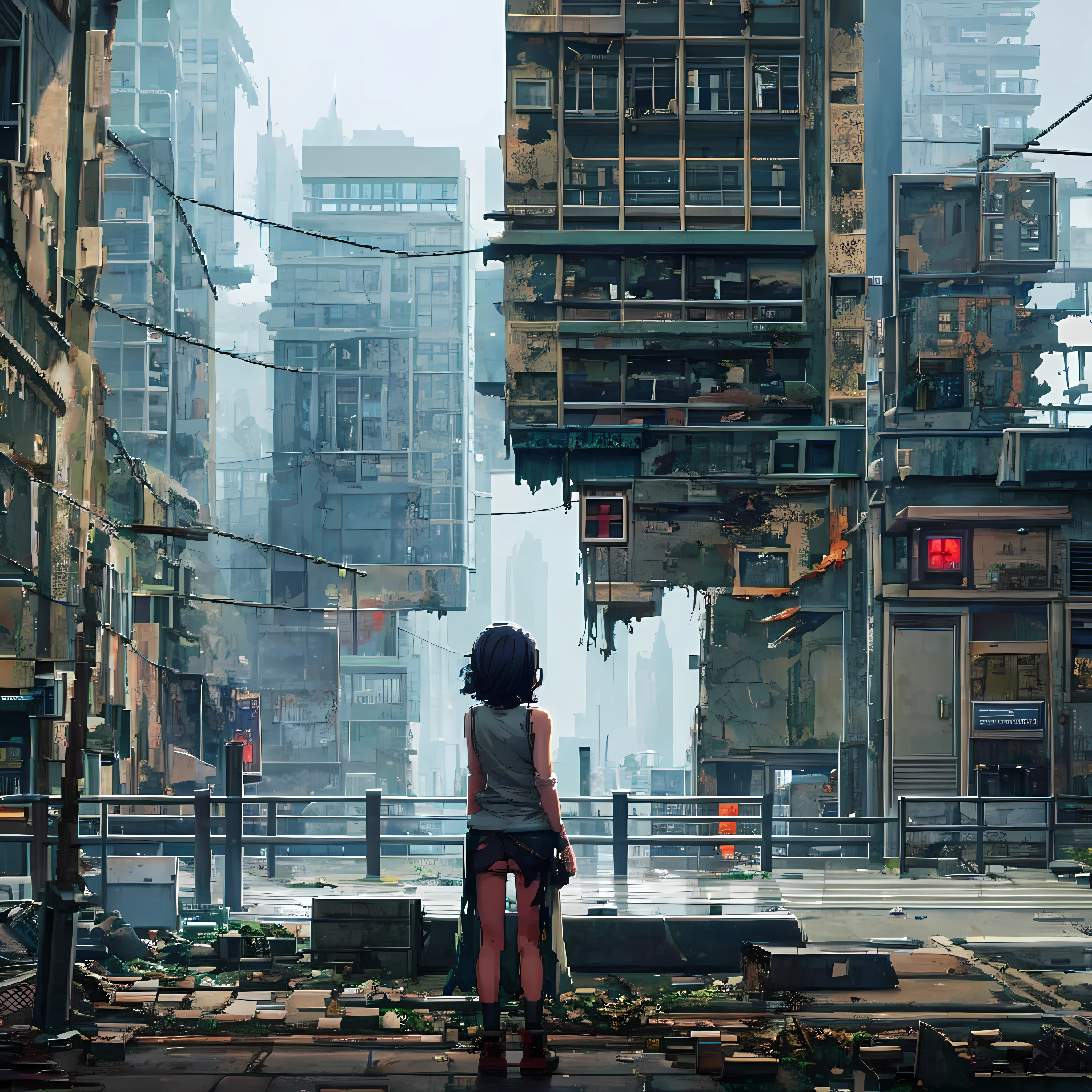 [Girl-with-torn-clothes], [panties-slightly showing], [crouching-near-an-alley], [in-a-dark-and-destroyed-city], [with-touches-of-lighting] , [anime-landscape], [decayed-city], [bad-lighting], [girl-walking-in-the-city], [destroyed-city], [pixel-art], [pixel-art-style]