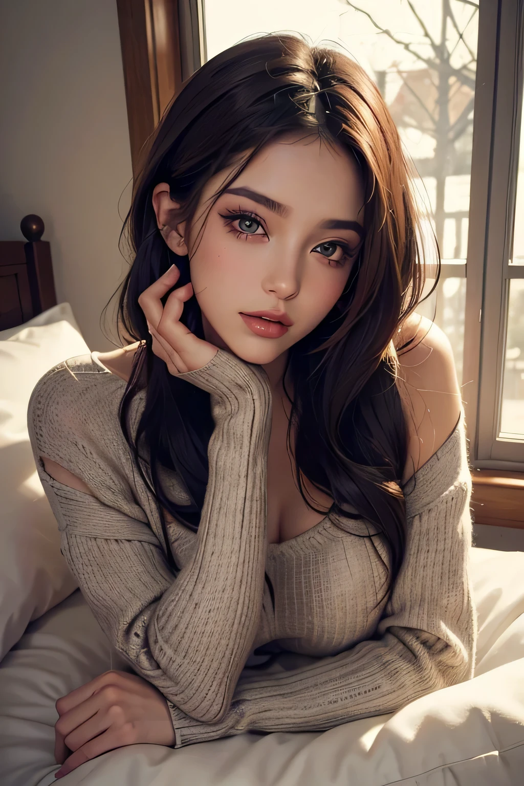 Amazing portrait of a sexy woman with a beautiful face and perfect hair wearing amazing makeup and a seductive gaze while blushing intensely being ready to kiss wearing a long oversized sweater near a window with natural light beaming through window showcasing her beautiful face while she's seductively gazing at us while lying on a bed resting her head on a pillow facing the viewer