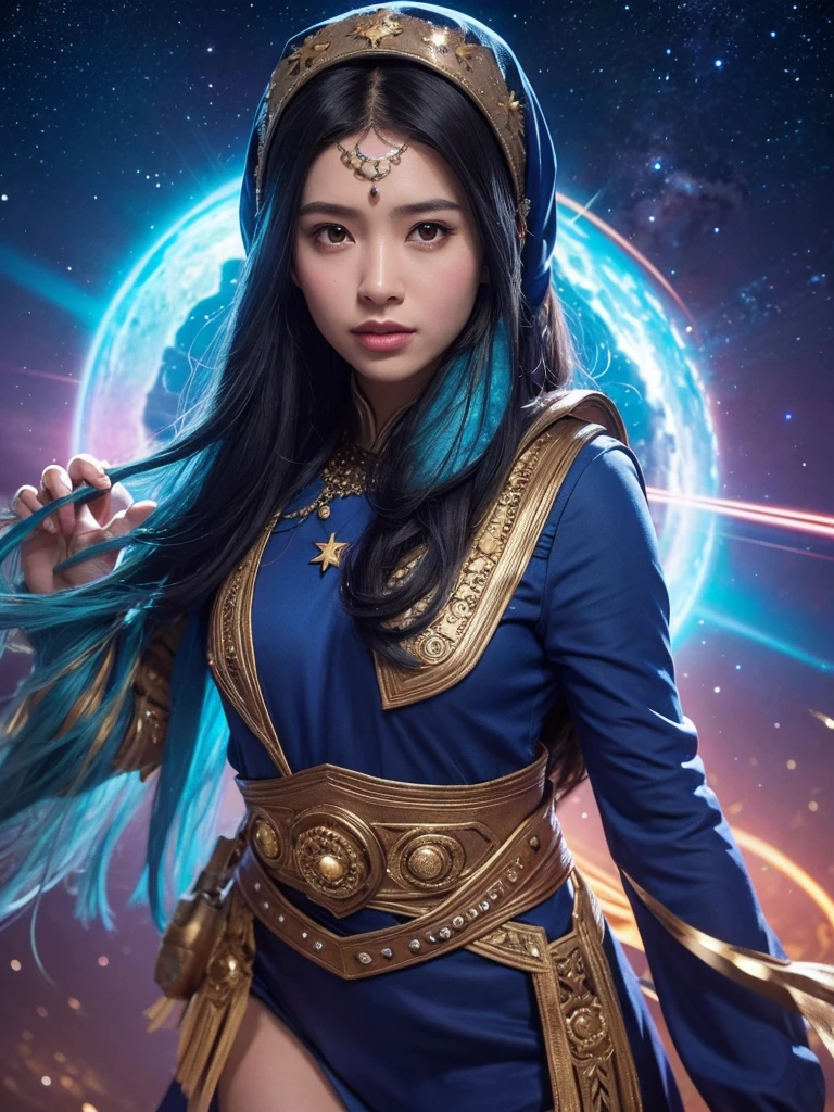 Imagine a Malay girl wearing a headscarf as the Guardians of the Galaxy, She is surrounded by celestial elements such as planets and stars. Use cosmic colors and lighting to convey her role as the protector of the universe, 28mm lens, Establishing Shot, High-contrast cinematography effects, natural lighting, Desaturate color grading, high quality, Ultra Detailed, 8k resolution,