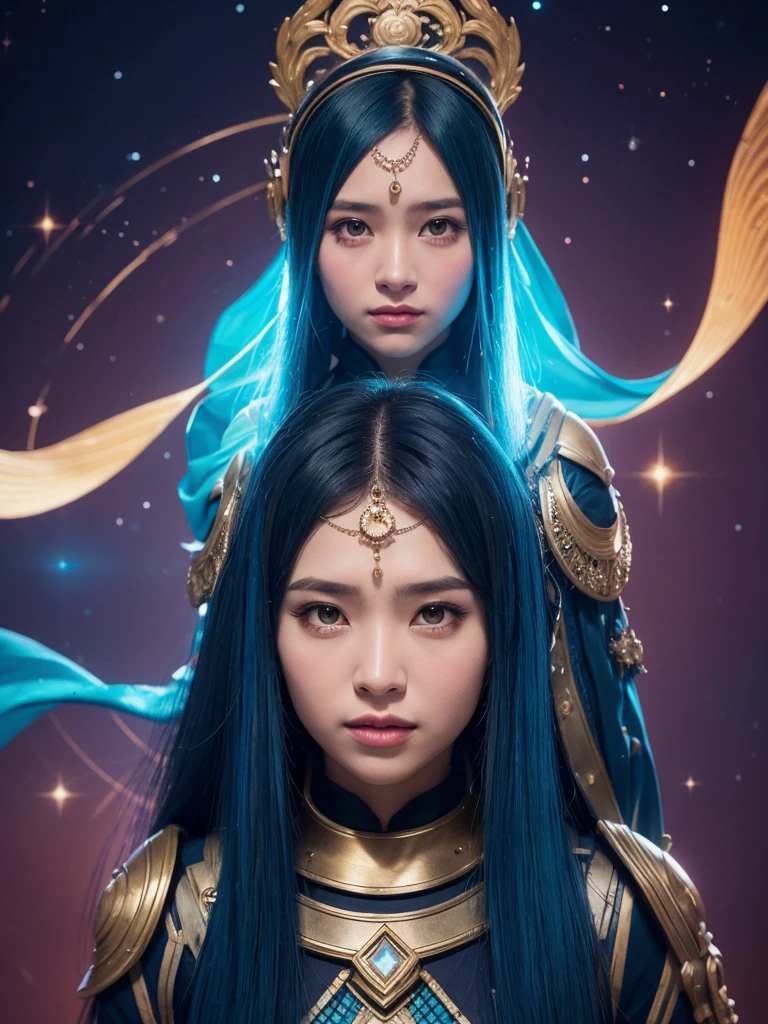 Imagine a Malay girl wearing a headscarf as the Guardians of the Galaxy, She is surrounded by celestial elements such as planets and stars. Use cosmic colors and lighting to convey her role as the protector of the universe, 28mm lens, Establishing Shot, High-contrast cinematography effects, natural lighting, Desaturate color grading, high quality, Ultra Detailed, 8k resolution,