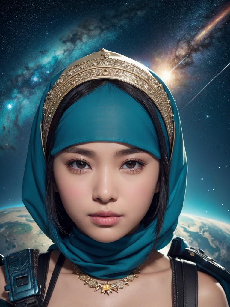 Imagine a Malay girl wearing a headscarf as the Guardians of the Galaxy, She is surrounded by celestial elements such as planets and stars. Use cosmic colors and lighting to convey her role as the protector of the universe, 28mm lens, Establishing Shot, High-contrast cinematography effects, natural lighting, Desaturate color grading, high quality, Ultra Detailed, 8k resolution,
