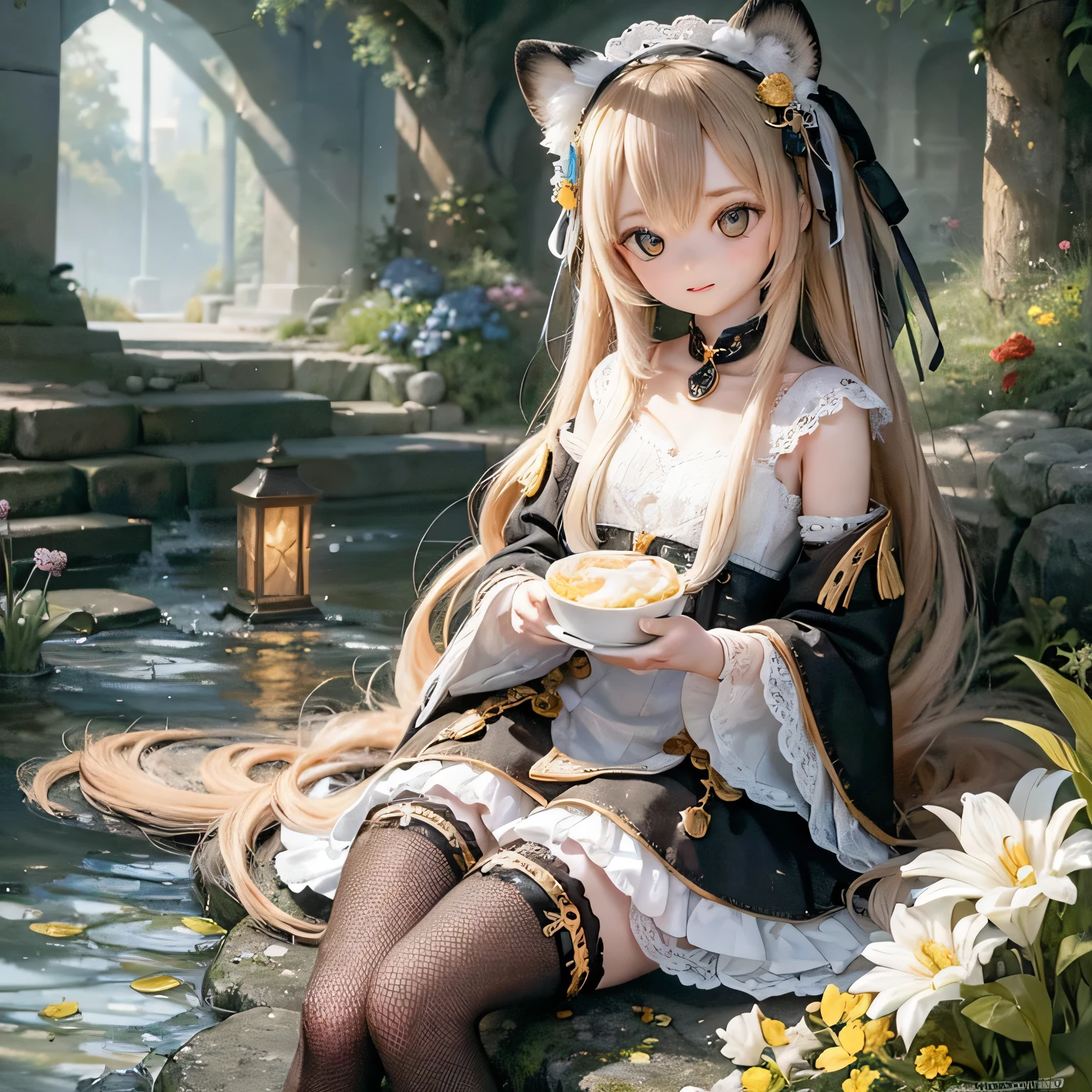 highest quality,4K,8k,High resolution,masterpiece:1.2,Very detailed,Realistic:1.37,Portraiture,Pencil sketch,Black and White,Soft lighting,White Tiger Girls,Small Garden,Serene landscape,Beautiful details,Beautiful lip detail,Long eyelashes,2 girls,Happy and playful expression,Garden flowers,Fine fur detailing,Subtle shadows and contours,Mysterious and magical atmosphere　feet
