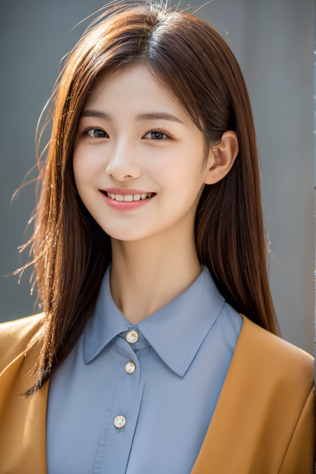 (Very detailedな CG Unity 8k 壁紙, highest quality, Very detailed, Looking at the camera:1.2, The light shines on your face:1.5, Gray background, Professional Lighting), Japan female, 26 years old, Full-body composition with brightly lit face. She has an oval face, Soft arched eyebrows, bright expressive eyes,, pronounced nose, And a friendly smile. Her hair is shoulder-length, straight, Dyed a light chestnut color. She is wearing a smart casual blouse, Probably soft colors, Paired with a chic blazer, Embody her lively and sociable personality,