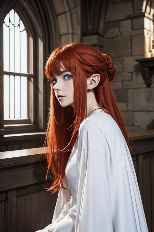 Elfin , langes rotes haar , White dress , blaue augen , zierlich 