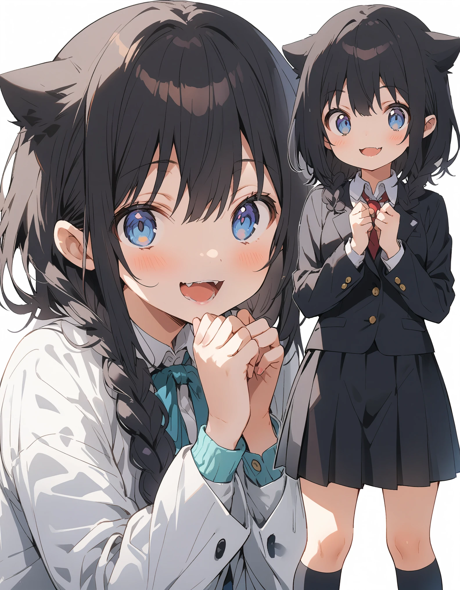 White background、Solid white background、Blank background、just standing girl, One Girl、Ultra-high resolution, highest quality,fish-bone braid hair、Fishbone Hair、black hair、Upper body shot from the front,arms behind back、Put your hands behind your back、Hide your hands、busty、beautiful detailed eyes、Black hair × Blue eyes、blue eyes、Open your mouth without showing your teeth、Smile with mouth wide open、 Black long sleeve blazer,Black pleated skirt、Knee-high socks、